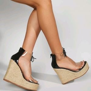 Clear Lace Up Front Espadrille Wedge Sandals